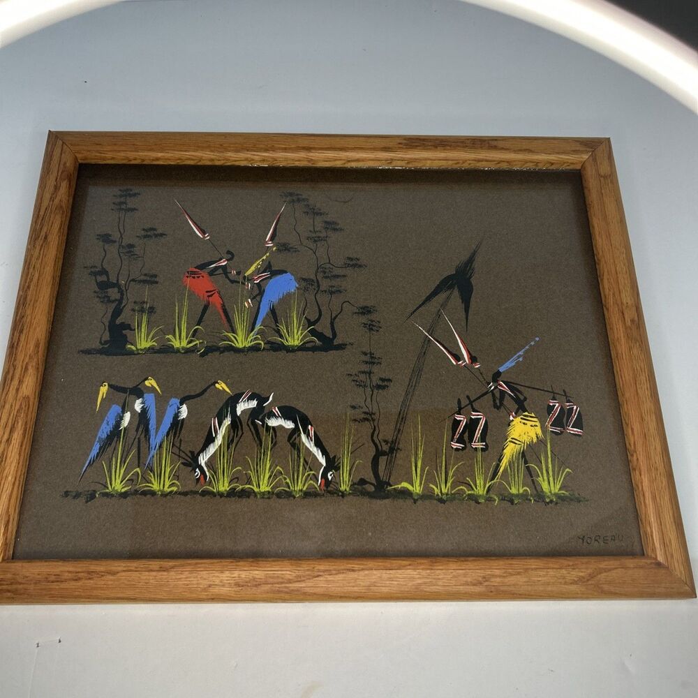 Mid Century African Folk Art Painting Signed Moreau Belgian Congo Gouache